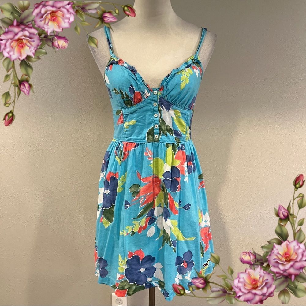 Hollister Turquoise Floral Mini Dress with Multicolor Blooms